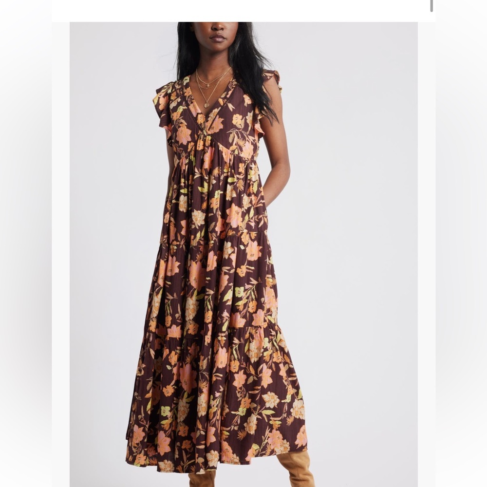 Treasure & Bond Brown Floral Tiered Midi Dress with Peach and Green Blooms